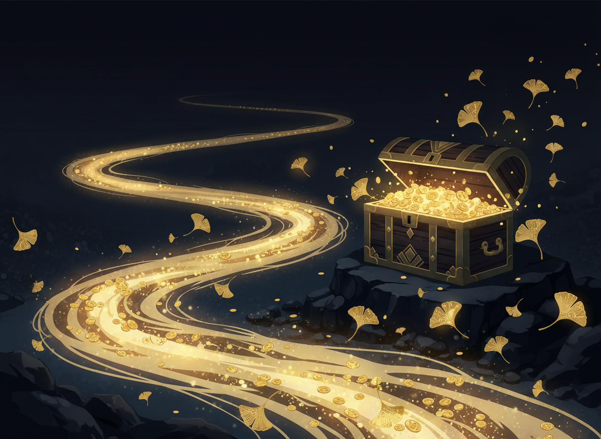 Golden light flowing toward a treasure chest