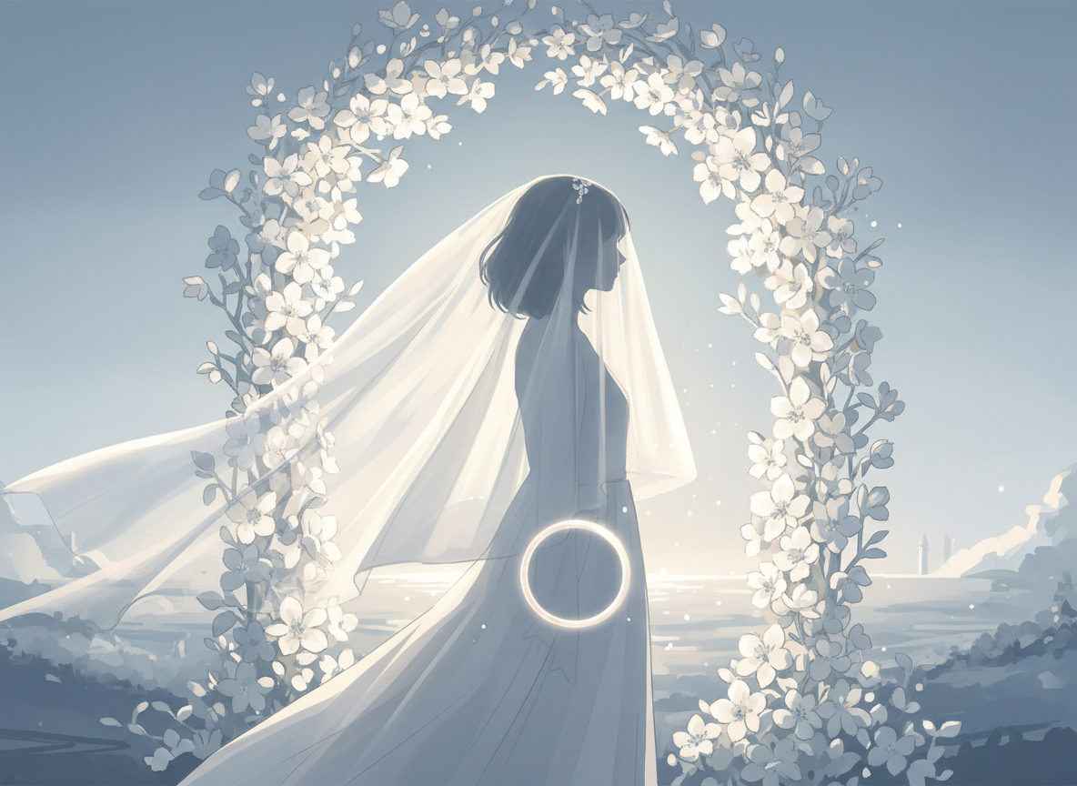 A softly lit silhouette under a floral arch