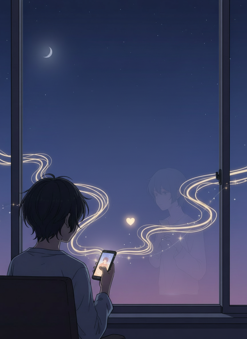 A softly glowing phone with a message bubble, gentle ripples of emotion and a small moonlit heart