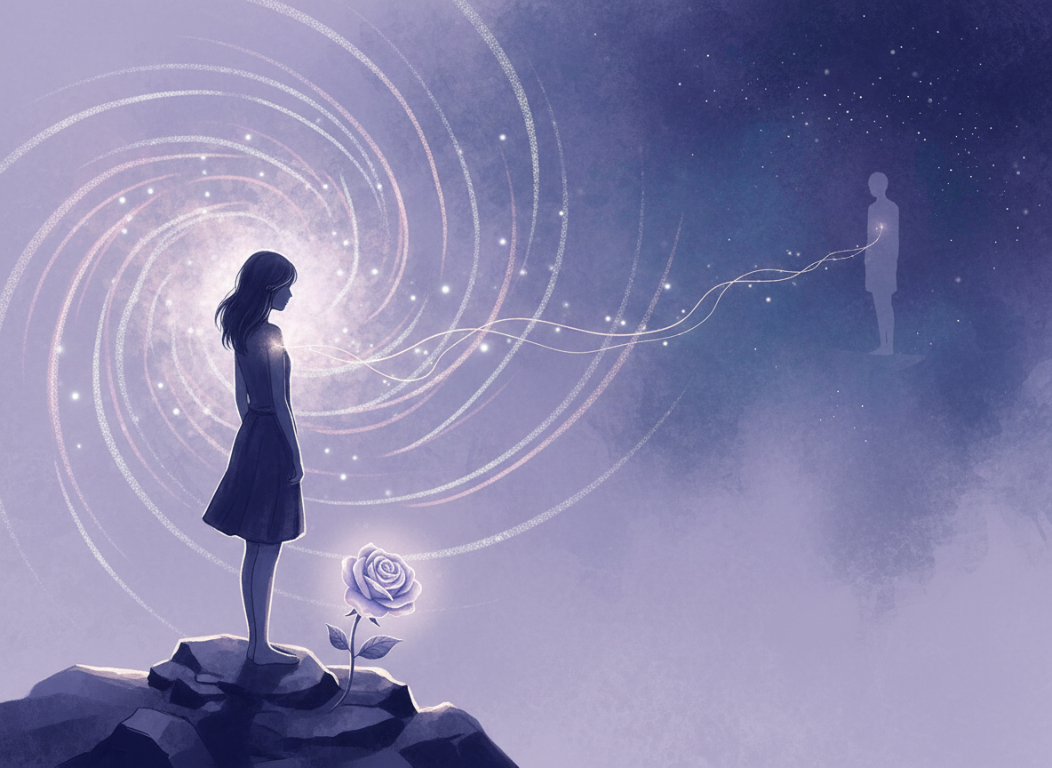 A lone figure beneath a glowing spiral sky